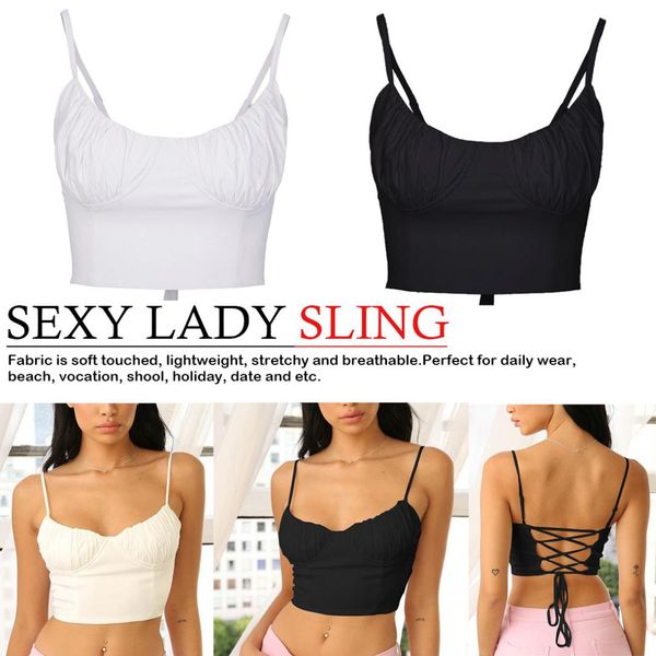 

high fashion ruched sleeveless summer crop backless lace up short cropped female strap white ladies sling
