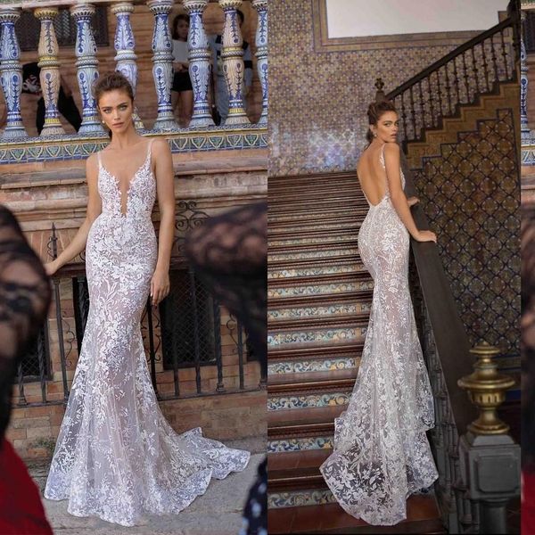 

2019 berta full lace mermaid wedding dresses plunging v neck backless illusion bodices wedding bridal gowns fashion new wedding gowns