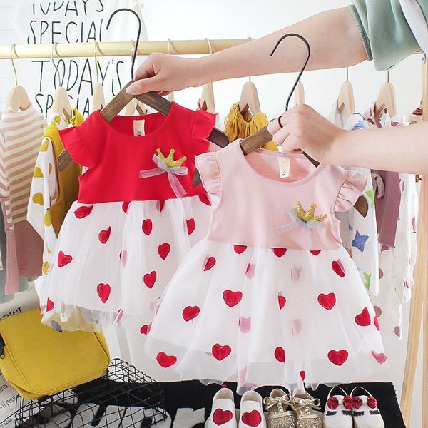 

baby girl dress summer heart print dress baby short sleeve sleeveless tutu cute princess for toddler infant girls, Red;yellow
