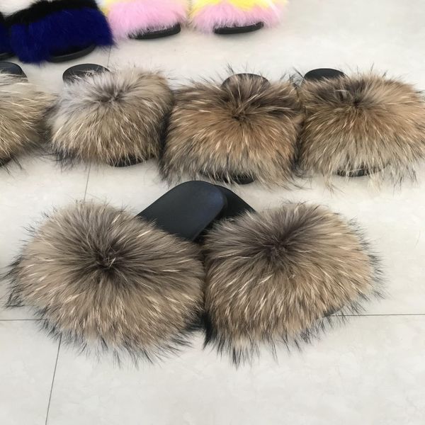 

raccoon fur slides blue fur slides brown fur slides for women, Black