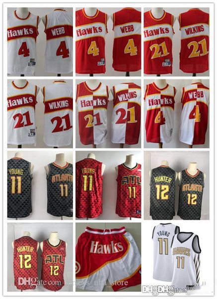 

mens atlanta hawks 2020 spud 4 webb dominique 21 wilkins trae 11 young de'andre 12 hunter basketball shorts basketball jersey, Black;red