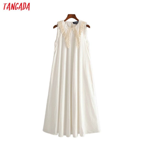 

tangada women white cotton long maxi dress sleeveless back button females lace collar long dresses 3h500, Black;gray