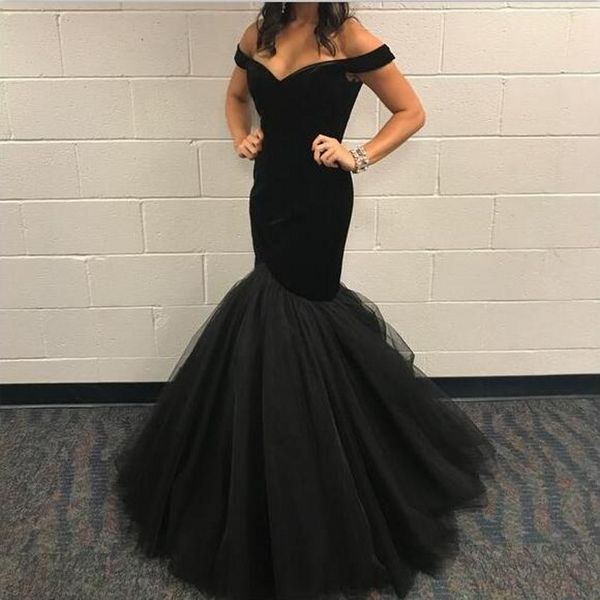 

charming black evening dresses off shoulder satin short sleeves prom dresses zipper back tulle ruffles women party gowns ing, Black;red