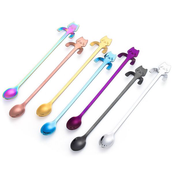 

long handle tea spoons black rainbow copper gold slilver cat stainless steel 304 long dessert spoons