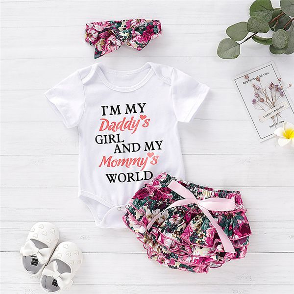 

3pcs newborn baby girls clothes letter print short sleeve bodysuit floral print shorts bow headband kids toddler cotton outfits, White