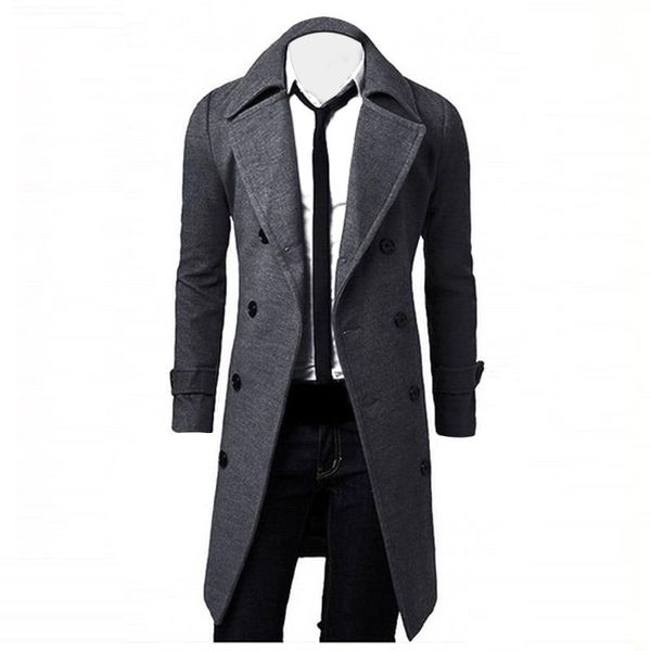 

winter men slim stylish coat double breasted long jacket fashion solid winter outwear black