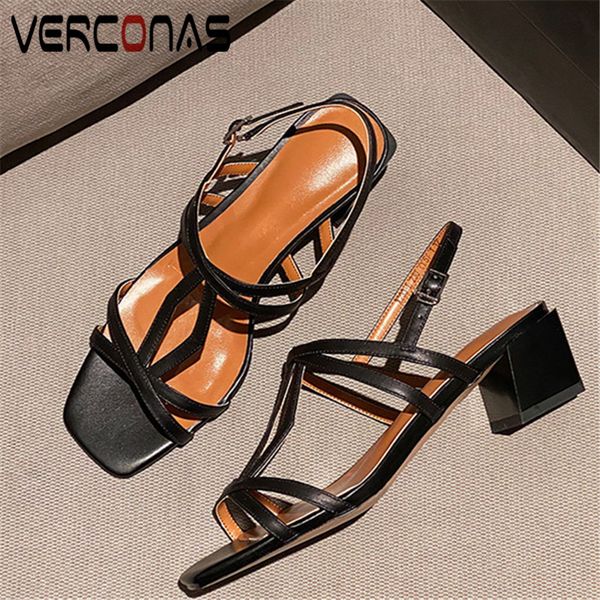 

verconas 2020 fashion woman sandals woman pumps new arrival summer genuine leather shallow square toe square heeled shoes, Black