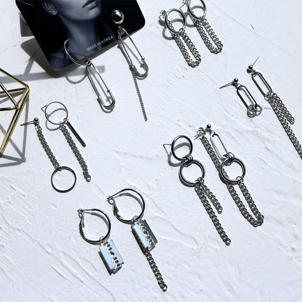 

minimalist pin blade metal tassels chain pendant earrings for women geometric asymmetry personality ear circle ear jewelry, Silver