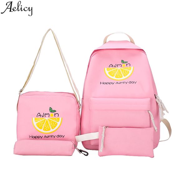 

aelicy 2019 pink girlish style mochila feminina escolar fruit orange student backpack casual large capacity travel 4 piece set