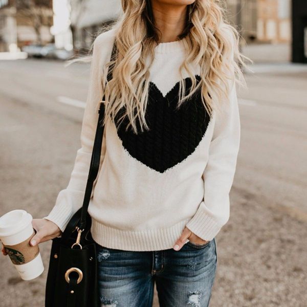 

twisted pull heart patchwork sweater o-neck long sleeve pullovers women casual loose jumpers knitted autumn winter wear, White;black