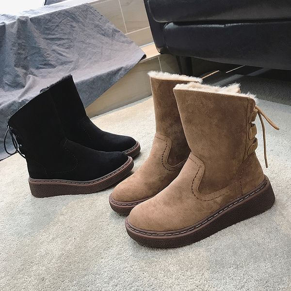 

new sheepskin leather wool fur lined women short ankle winter suede snow boots thickened plus velvet cross strap winter shoes, Black