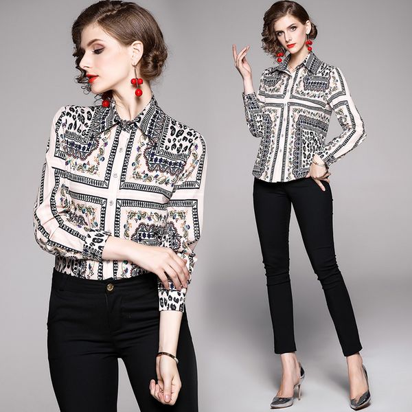 

women blouses and 2020 summer flora print runway long sleeve shirt ladies collar elegant vintage office shirts, White
