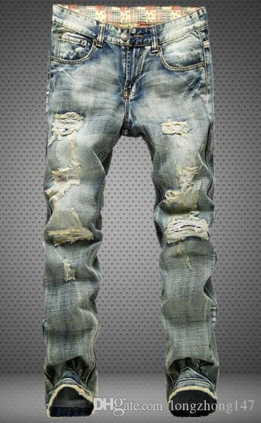 

new street style men zipper slim biker jeans straight jeans elasticity hole trousers broken pants man's rippid pants casual jeans size, Blue