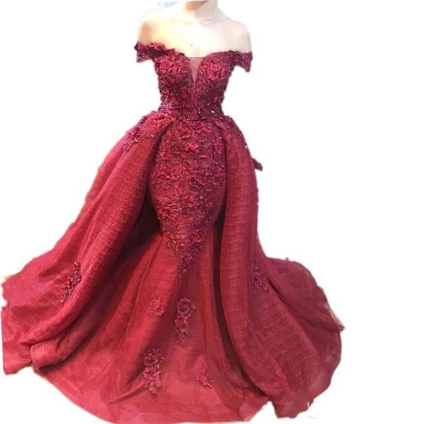 

2020 new arabic dark red mermaid prom dresses off shoulder lace appliques with overskirts open back plus size party evening gowns, Black