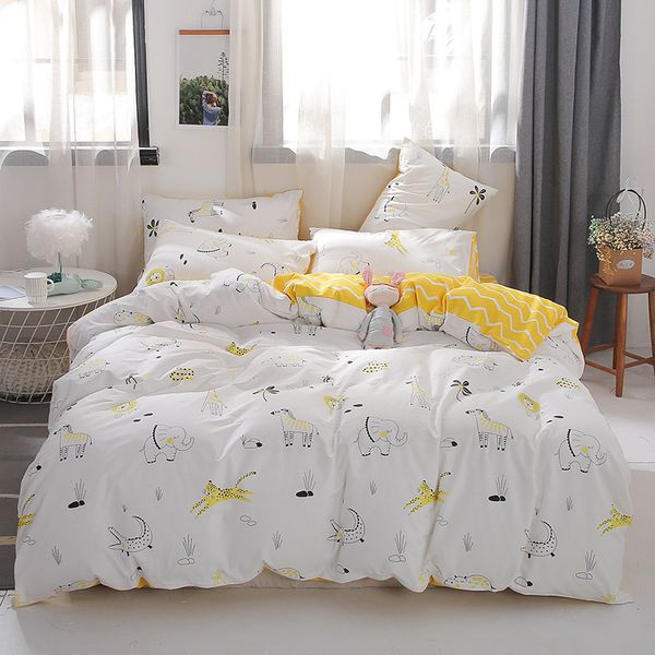 Cartoon Zoo White Yellow Duvet Cover Set Cotton Double Side Print