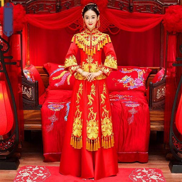 

tassel women asian bride marriage classic cheongsam evening gowns exquisite qipao vestidos elegant stage show clothing, Red
