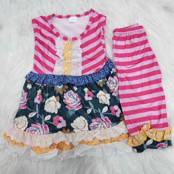 

boutique outfits lace printing floral pink stripes kids ruffle clothing set, White