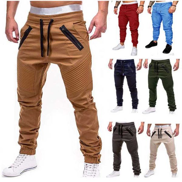 

men casual joggers pants solid thin cargo sweatpants male multi-pocket trousers new mens sportswear hip hop harem pencil pants, Black