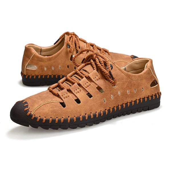 

summer men's leather shoes breathable hollow slip wear outdoor casual shoe men's large size handmade flat bottom beach shoes, Black