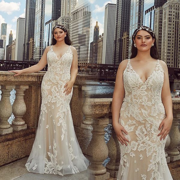 

2020 plus size mermaid wedding dresses v neck appliqued sleeveless bridal gowns ruffle sweep train custom made champagne vestidos de novia, White