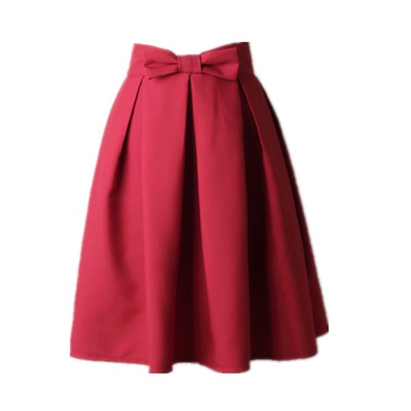 

elegant women skirt high waist pleated knee length skirt vintage a line big bow red black side zipper skater skirts red