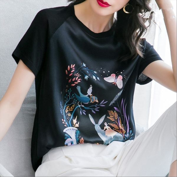 

black silk short-sleeved t-shirt female 2020 summer round collar printing mulberry silk splicing knitted loose top, White