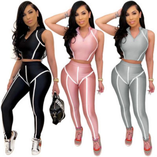 

women slim suit womens sports suits active sets girls yoga stitching stripe suits brand sleeveless +pants casual two-pieces sale, Gray