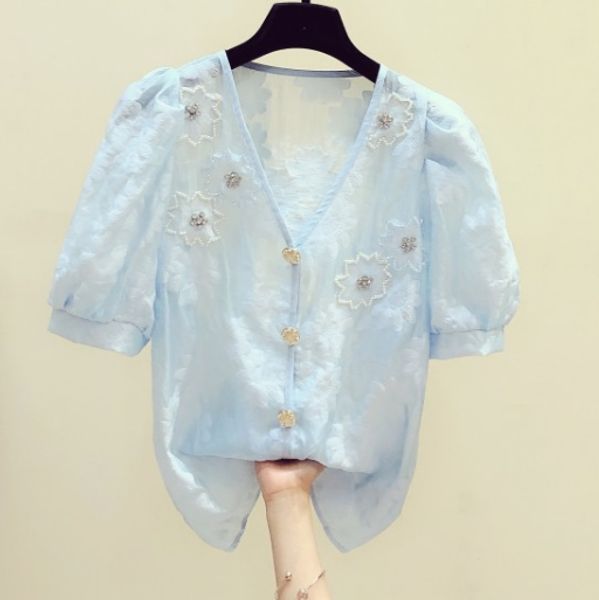 

blouse women 2020 summer new korean v-neck puff sleeve beaded flower perspective shirt women's casual sweet blue blouses blusas, White