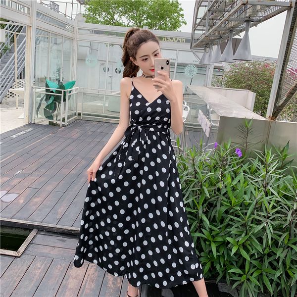 

women party dress chiffon casual slim polka dot sleeveless sashes spaghetti strap strapless long dress vestidos, Black;gray