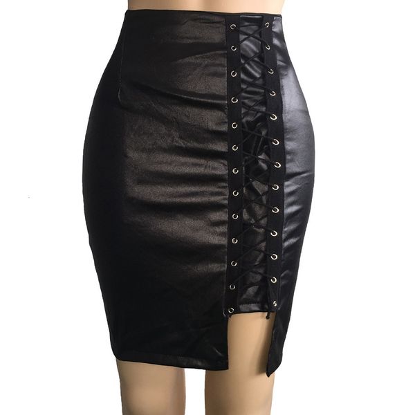

2019 high waist elascity casual party skirt women ladies high waist and knee skirt bandage split hip leather gothic, Black