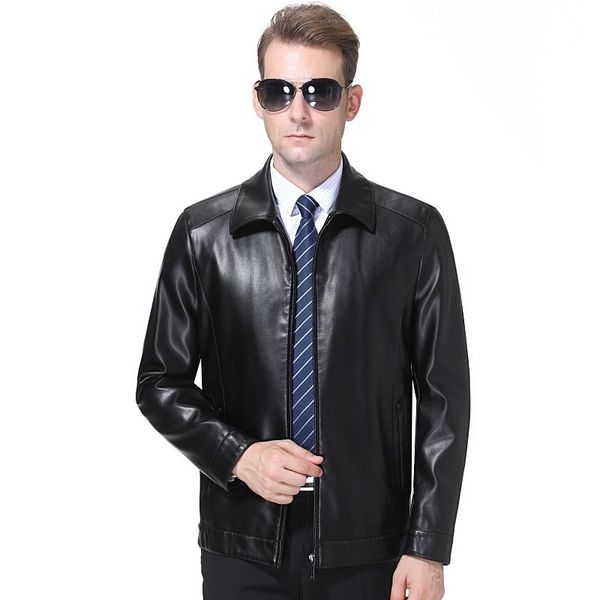 

2019 autumn clothing new style daddy clothes middle-aged leather coat men's middle-aged father-jacket fold-down collar pu leathe, Black