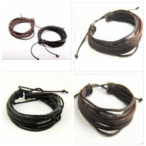 

leather bracelets punk handmade jewelry vintage retro leather bracelet multilayer braided wax rope wristband male bangles pulseira zyq115, Red;brown