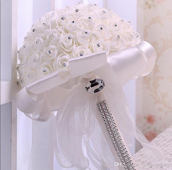 

cream satin rose bridal wedding bouquet wedding decoration crystals artificial flower bridesmaid bridal hand holding brooch flowers cpa1582