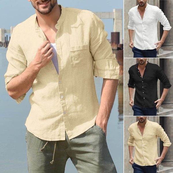 

2019 long sleeve casual streetwear shirt men's baggy cotton linen solid long sleeve button pocket stand collar shirt -3xl, White;black