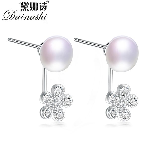 

dainashi 925 sterling silver flower zircon stud earrings 100% genuine natural freshwater pearl earrings for women, Golden;silver