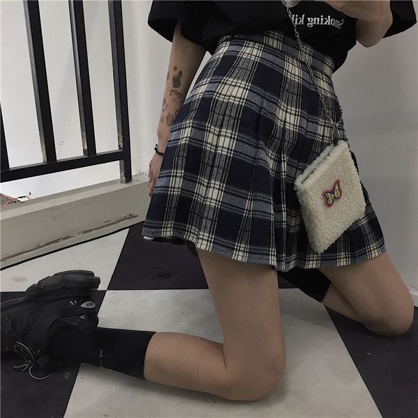 

японский jc harajuku casual большой размер женщин plaid vintage fun моды streetwear a-line college hip hop ins высокой талией юбка, Black