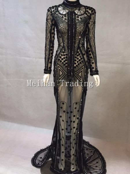 

luxury black rhinestones lace long dress sparkly stage wear long dresses crystals costume prom birthday celebrate dresses, Black;red