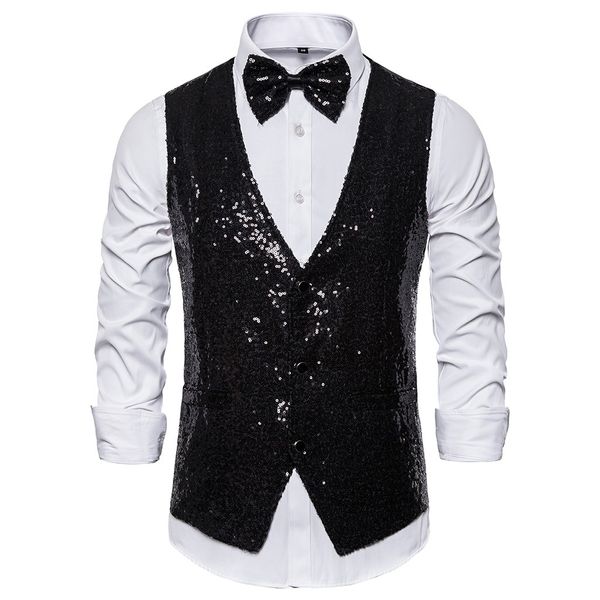 

feitong men's sequin suit vest slim fit business wedding waistcoat sleeveless tank with cravat, Black;white