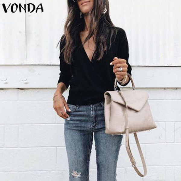 

vonda woman blouses v neck long sleeve blouse 2020 spring autumn office shirts bohemian blusas plus size s-5xl solid, White