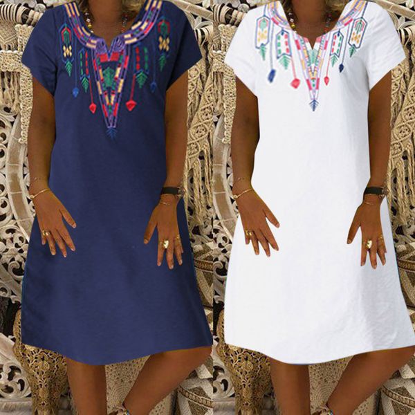 

summer dress 2019 women retro casual embroidery loose cotton linen v neck short sleeve dress party night vestidos de verano 30, Black;gray