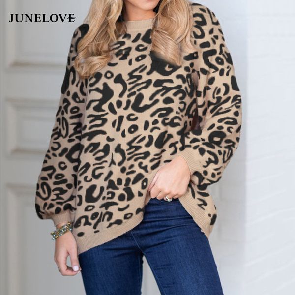 

junelove women autumn leopard knitted sweaters vintage animal print female loose pullovers casual long sleeve lady outwears, White;black