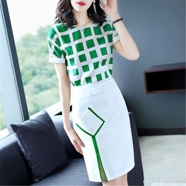 

women fashion two pieces set summer new 2020 women's short sleeve plaid print and bodycon mini skirt sets clothing, White