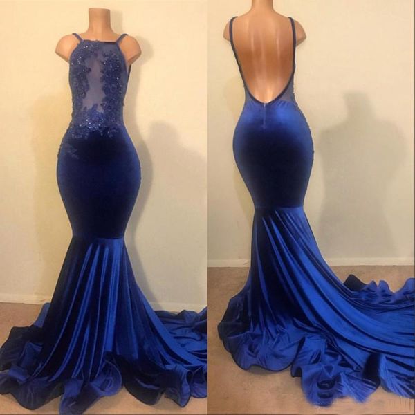 

2019 Royal Blue Spaghetti Straps Long Prom Dresses Mermaid Lace Applique Bead Backless Plus Size Evening Gowns Party Dresses