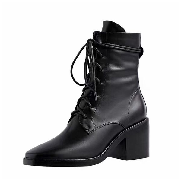 

2020 springann demeulemeesterautumn and winter high-heeled thick with square head strap high female martin boots single boots, Red;white