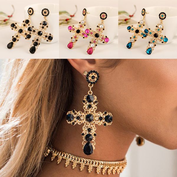 

elegant cross boho women lady rhinestone dangle drop rhinestone ear stud earring cord, Golden;silver