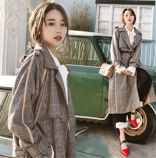 

fashion windbreaker female 2019 spring autumn women's clothing new korean slim lapel plaid long trench coats overcoats xa119, Tan;black