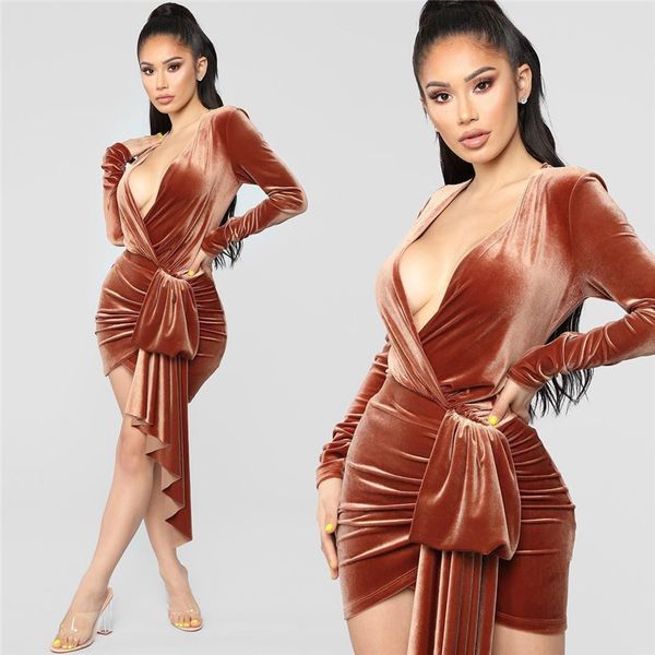 

women designer dress fashion ribbon v neck long sleeve slim velour asymmetrical dresses spring womens dress, Black;gray