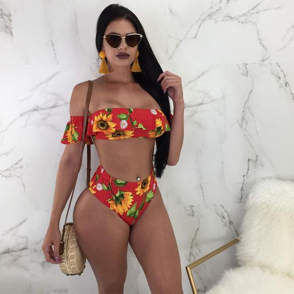 

цветочные полосатые печатные женские купальники обшитые панелями сексуальная высокая талия женская пляжная одежда летние дамы слэш шеи бикин, White;black