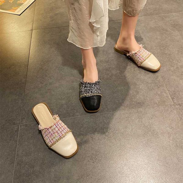 

female shoes low square heel med ladies' slippers multicolored sandals luxury slides cover toe 2020 block designer soft flat, Black