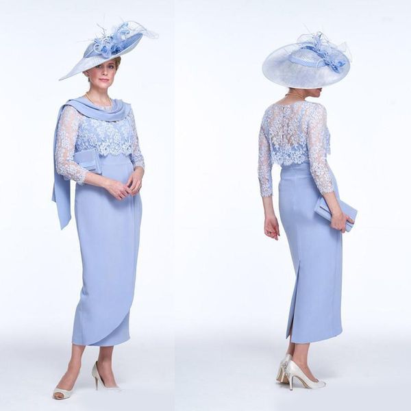 

sheath mother of bride dresses jewel lace chiffon wedding guest dresses tea length 3/4 long sleeve formal evening gown, Black;red